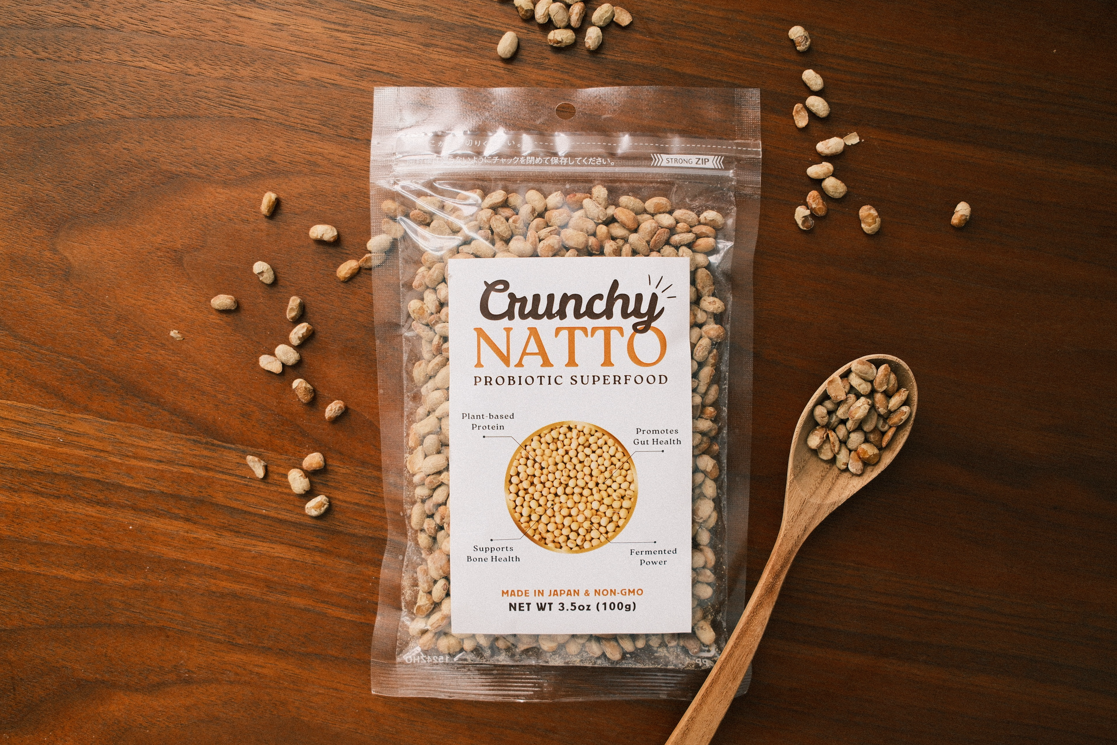A pouch of Crunchy Natto with a spoonful of crunchy soybeans